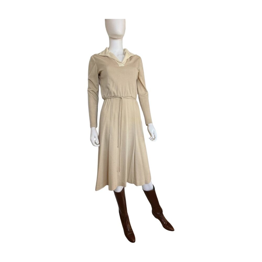 Vintage 70s Tan & Cream Collared Midi Dress | Long Sleeve Tie Waist
